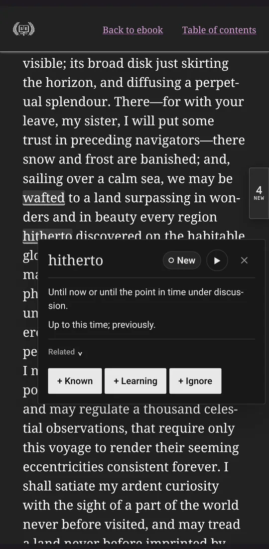 The card for hitherto in Firefox on Android: its meanings, a play button, and Known, Learning and Ignore.