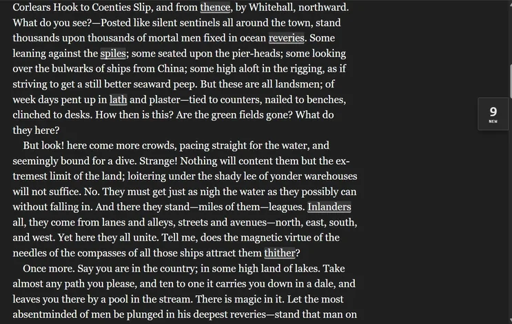 A Moby Dick chapter in Chrome with thence, reveries, spiles, lath, Inlanders and thither underlined, and 9 new at the page edge.