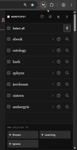 The panel in Chrome, opened from the WordySpot button in the toolbar: seven words, each with its count, a question mark and a magnifier, and Known, Learning and Ignore at the bottom.