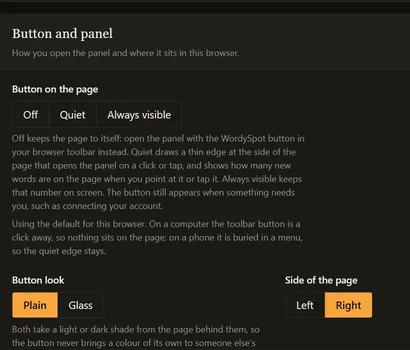 The extension's settings, Button and panel: Button on the page (Off, Quiet, Always visible), Button look (Plain, Glass) and Side of the page (Left, Right).