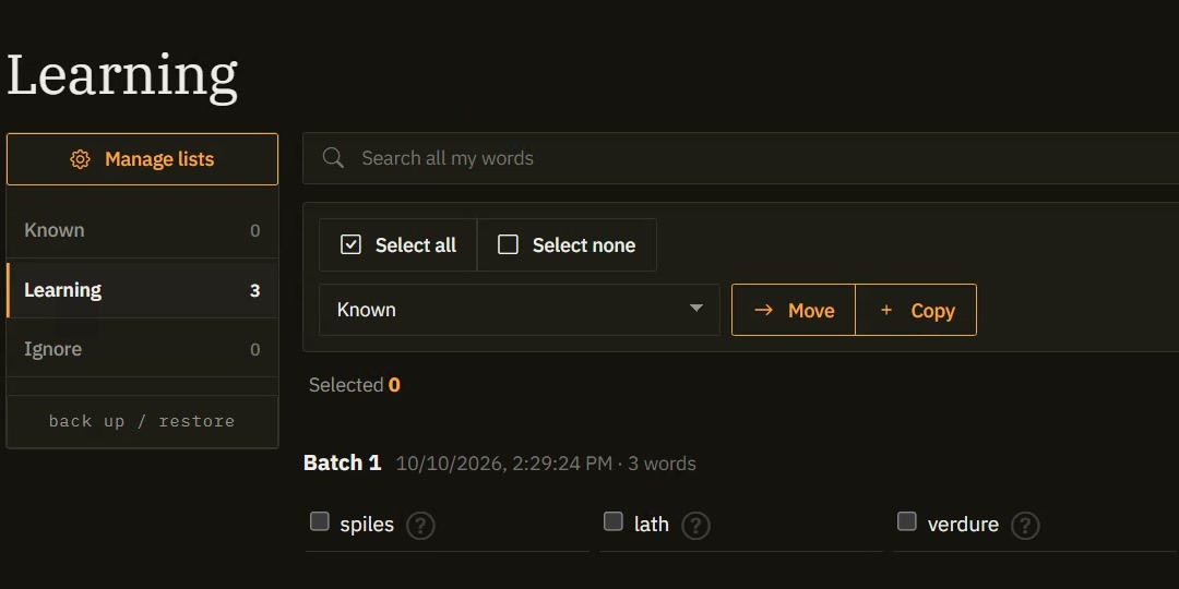 My Words on wordyspot.com, Learning list with three saved words: spiles, lath, verdure.